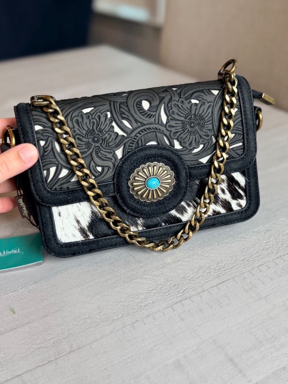 Trinity Ranch Cowhide Floral Cutout Crossbody Bag Black